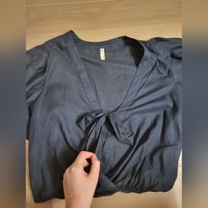 Free People Navy Deep V Neck Bodysuit with Short Ruffled Sleeves Size S